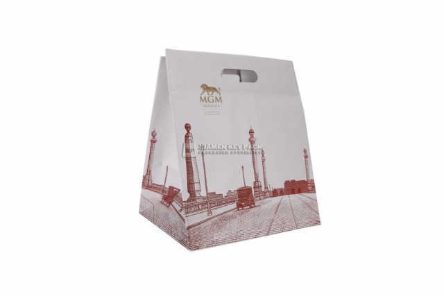 Paper hand made bag,die cut handle,folded bottom